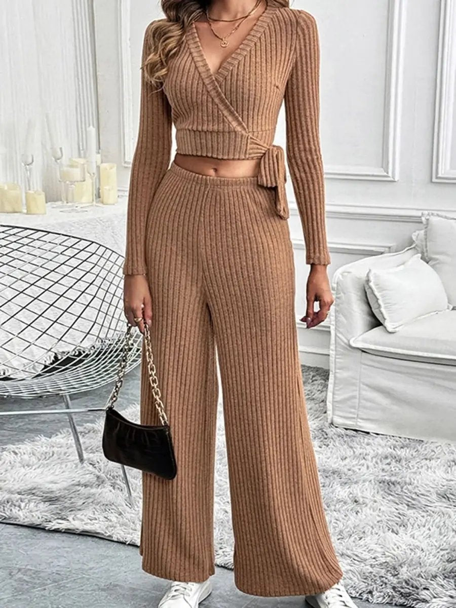 Perfee Surplice Long Sleeve Top and Pants Set - Love Salve